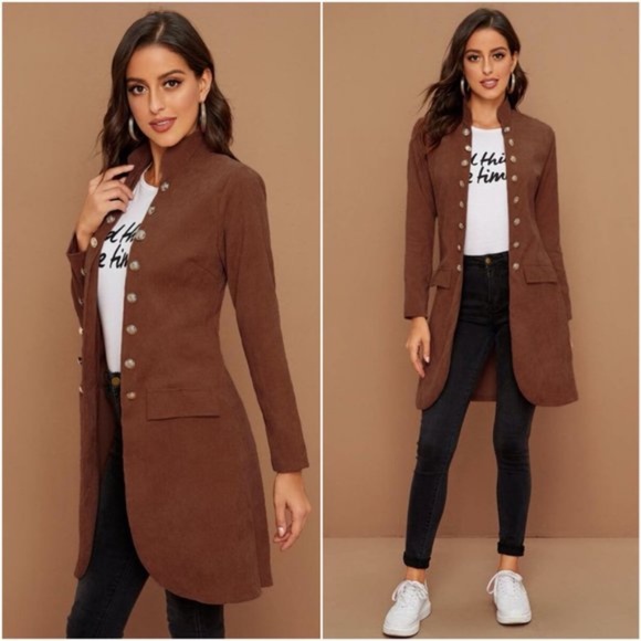 Brown buttons corduroy pea coat jacket shacket - Picture 4 of 9